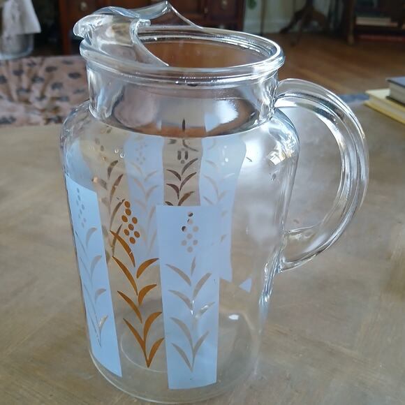 Vintage 7" MCM Frosted Glass Ice-Lip Pitcher Retro Glass Pitcher Blue Gold - Picture 6 of 8